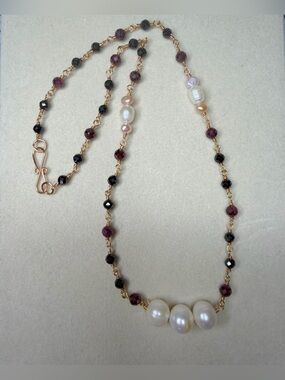 Brass Pearl, Spinel and Garnet Bead Necklace